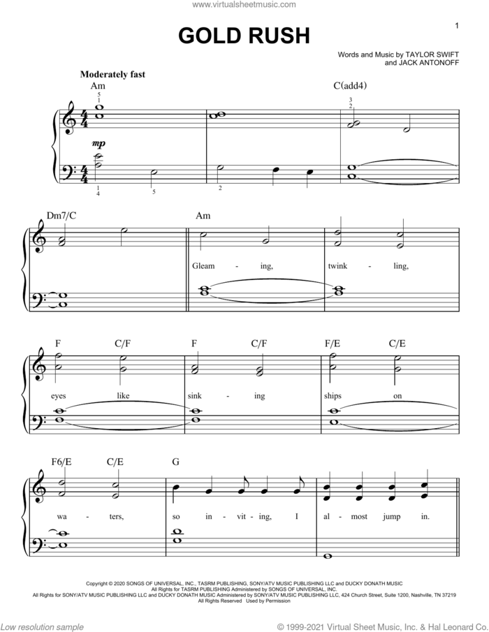 gold rush sheet music for piano solo by Taylor Swift and Jack Antonoff, easy skill level
