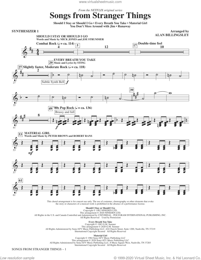 Songs from Stranger Things (arr. Alan Billingsley) sheet music for orchestra/band (synthesizer i) by Alan Billingsley, intermediate skill level
