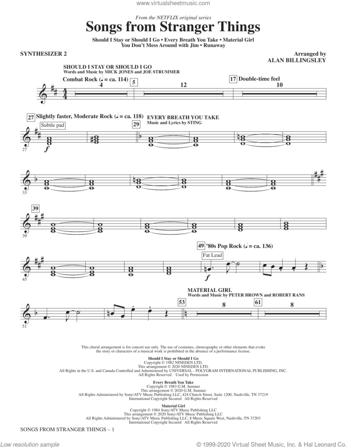 Songs from Stranger Things (arr. Alan Billingsley) sheet music for orchestra/band (synthesizer ii) by Alan Billingsley, intermediate skill level