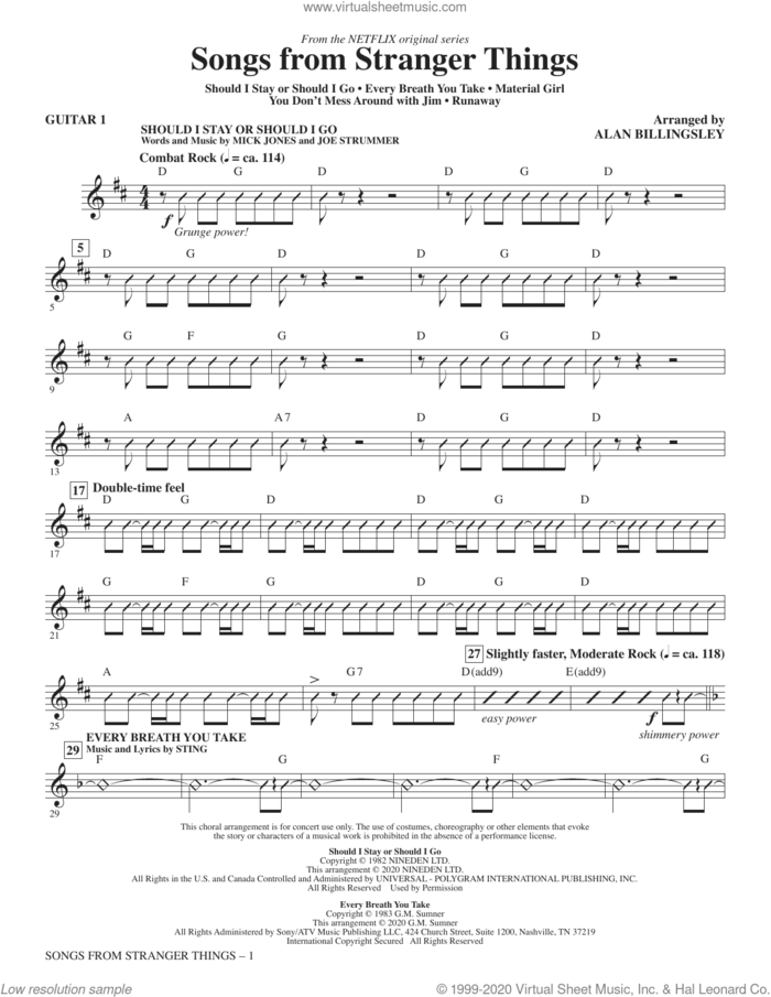 Songs from Stranger Things (arr. Alan Billingsley) sheet music for orchestra/band (guitar 1) by Alan Billingsley, intermediate skill level