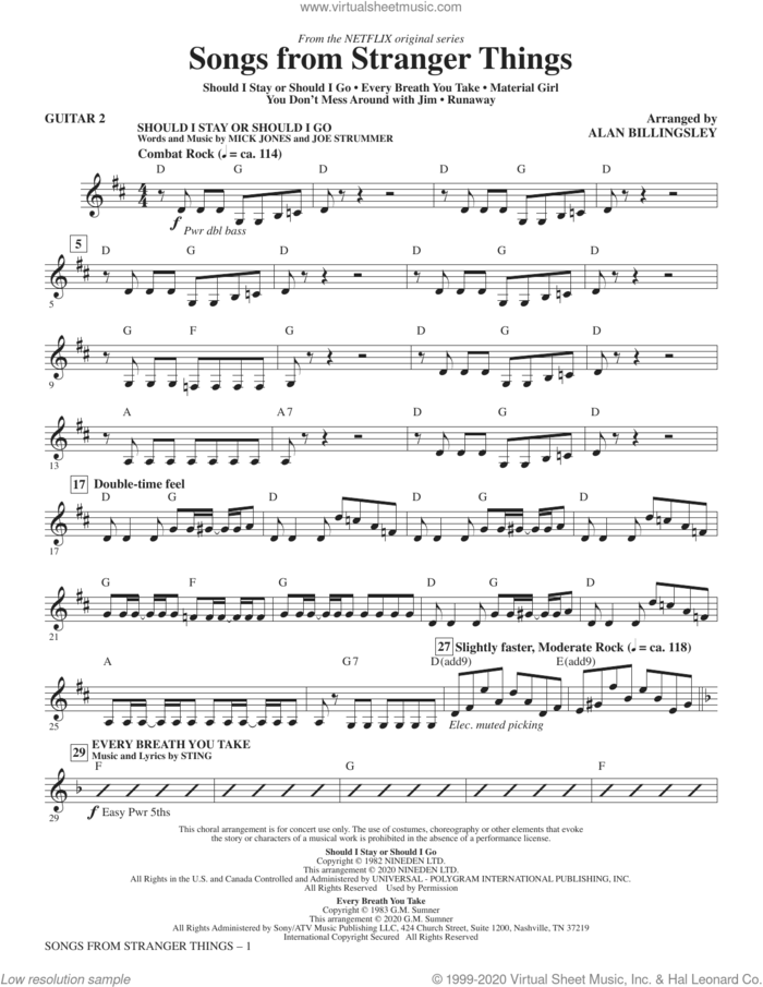 Songs from Stranger Things (arr. Alan Billingsley) sheet music for orchestra/band (guitar 2) by Alan Billingsley, intermediate skill level