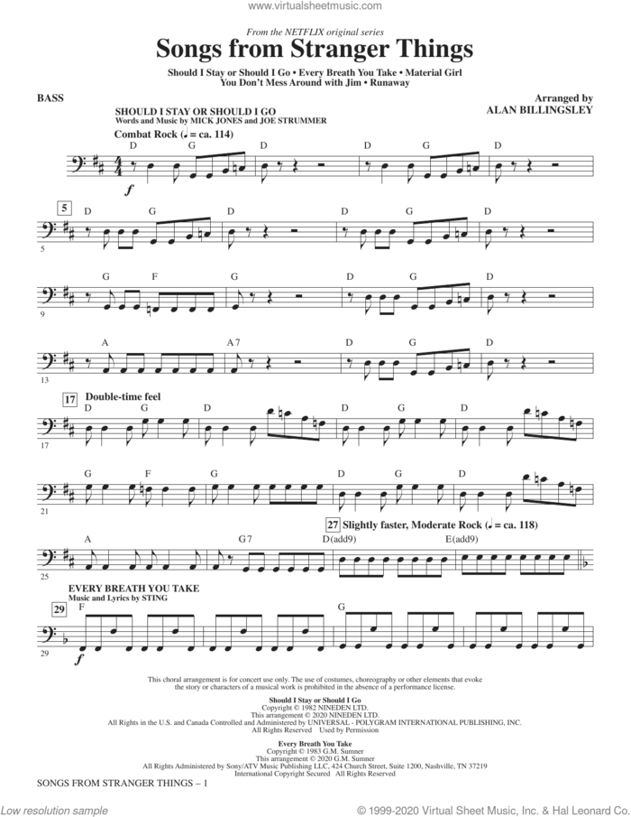 Songs from Stranger Things (arr. Alan Billingsley) sheet music for orchestra/band (bass) by Alan Billingsley, intermediate skill level