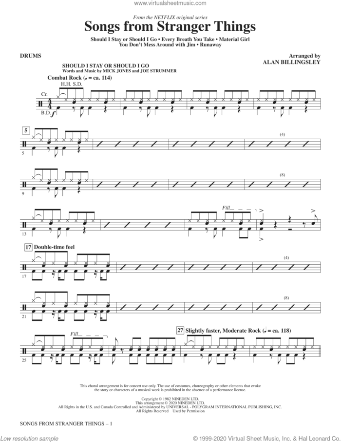 Songs from Stranger Things (arr. Alan Billingsley) sheet music for orchestra/band (drums) by Alan Billingsley, intermediate skill level