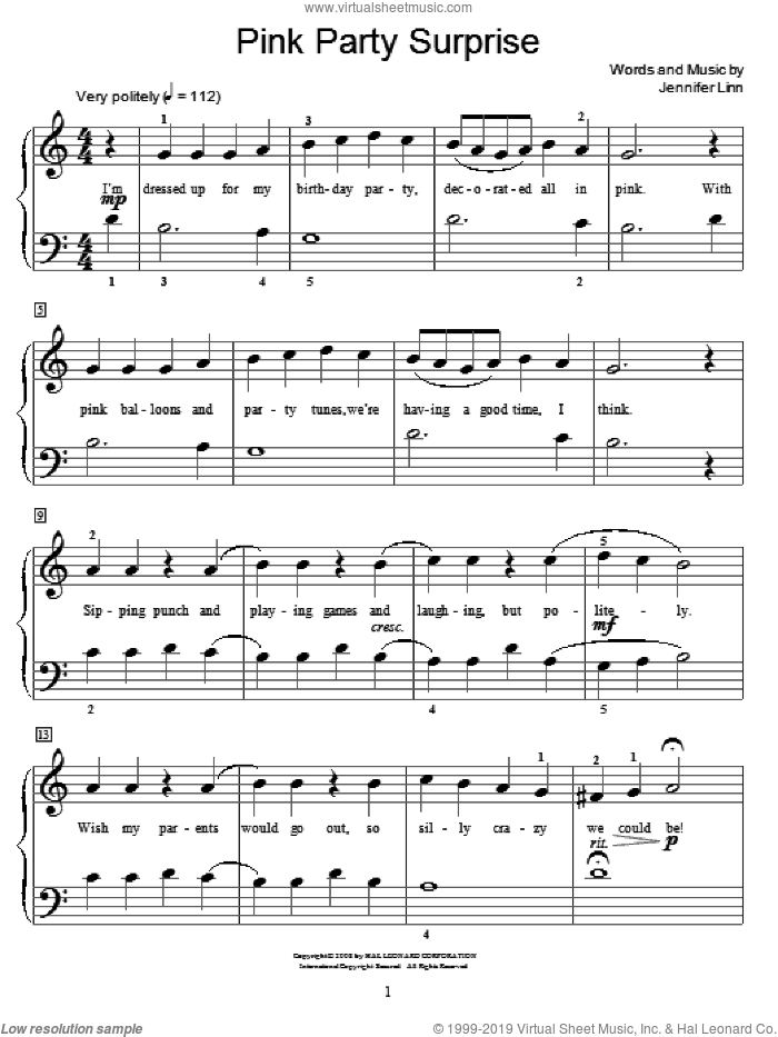 Pink Party Surprise sheet music for piano solo (elementary) by Jennifer Linn and Miscellaneous, beginner piano (elementary)