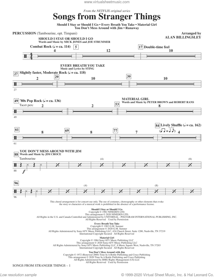 Songs from Stranger Things (arr. Alan Billingsley) sheet music for orchestra/band (percussion) by Alan Billingsley, intermediate skill level
