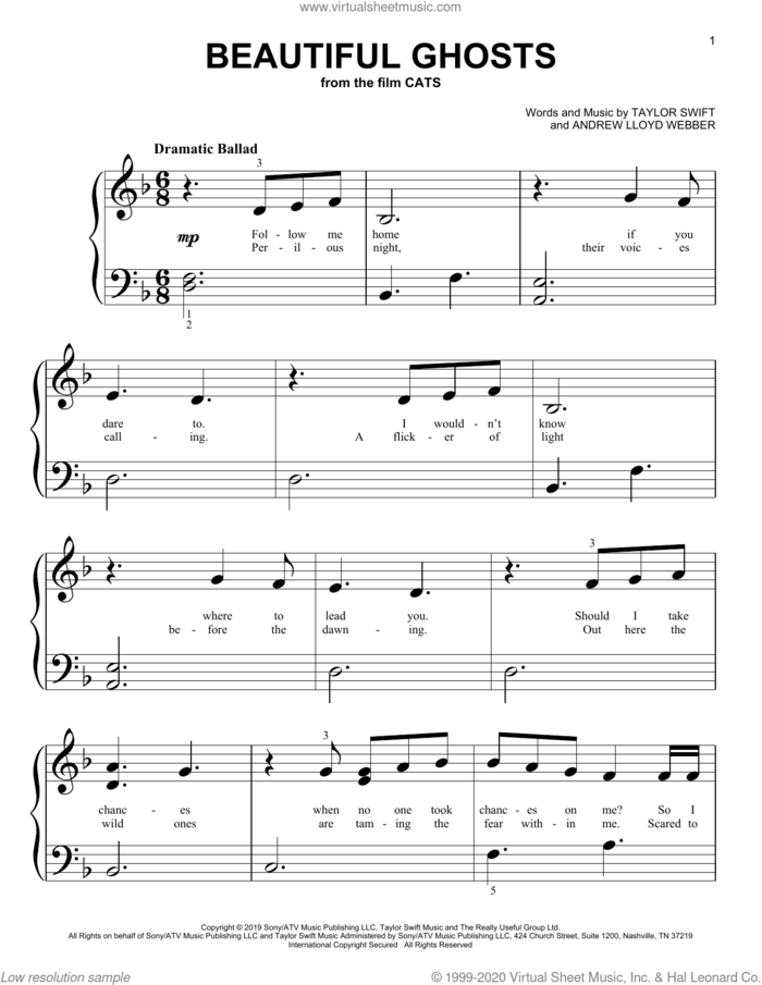 Beautiful Ghosts (from the Motion Picture Cats) sheet music for piano solo (big note book) by Taylor Swift and Andrew Lloyd Webber, easy piano (big note book)