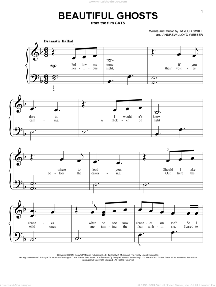 Beautiful Ghosts (from the Motion Picture Cats) sheet music for piano solo (big note book) by Taylor Swift and Andrew Lloyd Webber, easy piano (big note book)