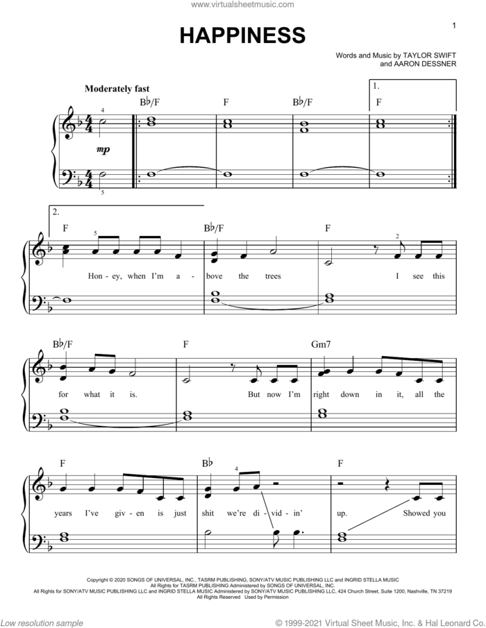 happiness sheet music for piano solo by Taylor Swift and Aaron Dessner, easy skill level