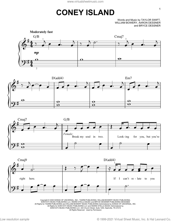 coney island (feat. The National) sheet music for piano solo by Taylor Swift, Aaron Dessner, Bryce Dessner and William Bowery, easy skill level