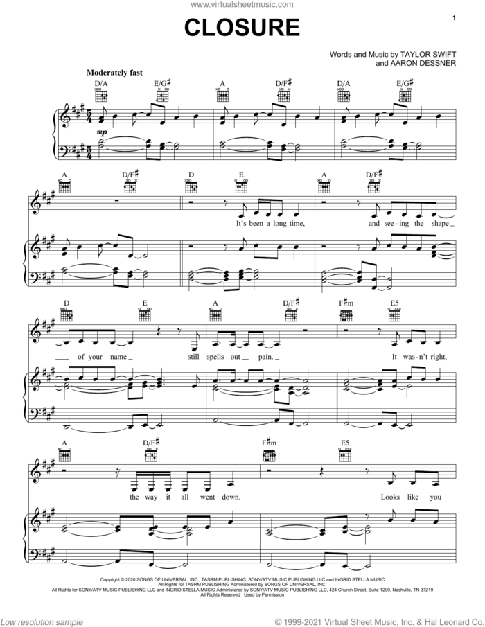 closure sheet music for voice, piano or guitar by Taylor Swift and Aaron Dessner, intermediate skill level