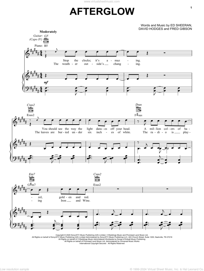 Afterglow sheet music for voice, piano or guitar by Ed Sheeran, David Hodges and Fred Gibson, intermediate skill level