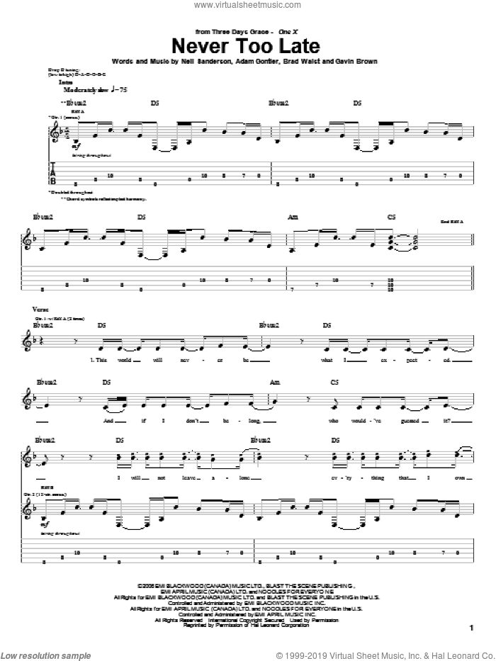 Never Too Late sheet music for guitar (tablature) by Three Days Grace, Adam Gontier, Brad Walst, Gavin Brown and Neil Sanderson, intermediate skill level