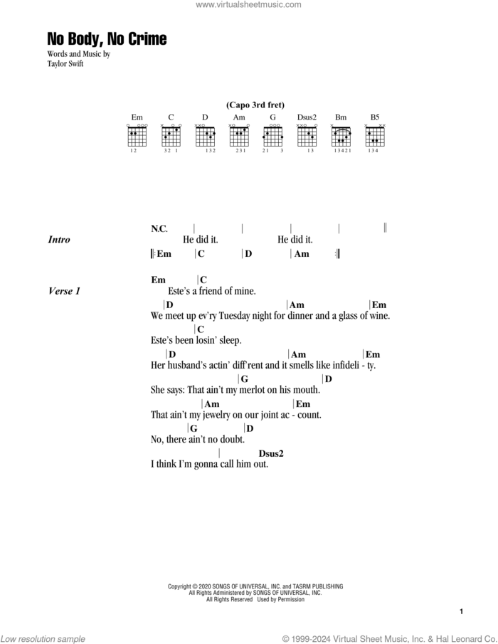 no body, no crime (feat. HAIM) sheet music for guitar (chords) by Taylor Swift, intermediate skill level