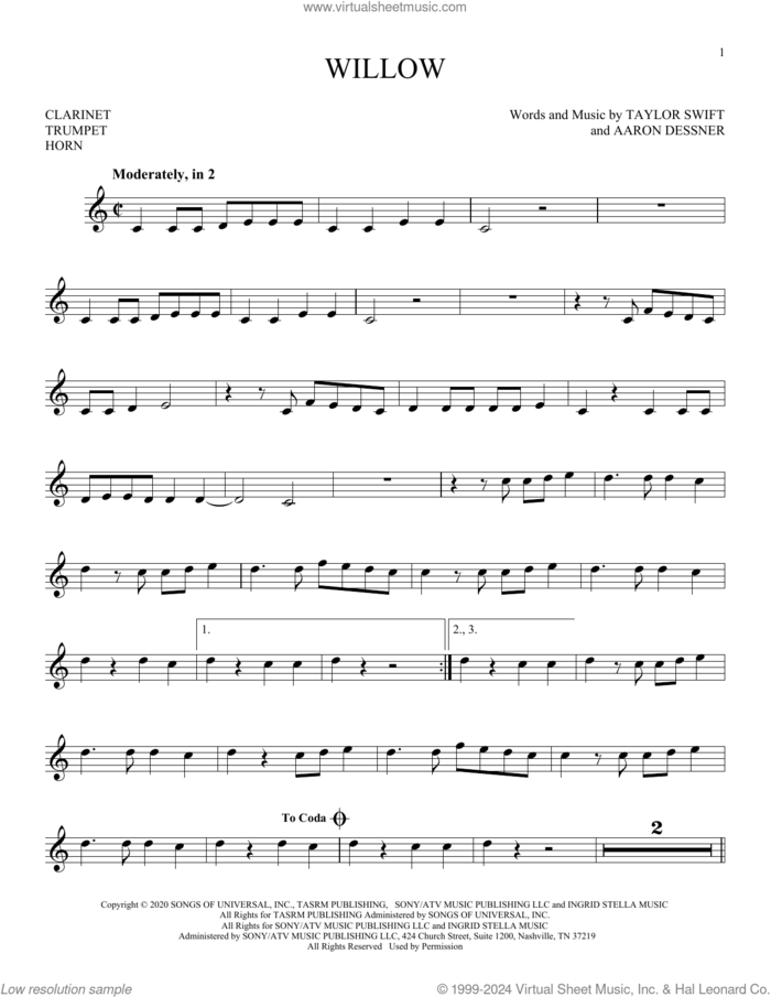 willow sheet music for Solo Instrument (treble clef low) by Taylor Swift and Aaron Dessner, intermediate skill level