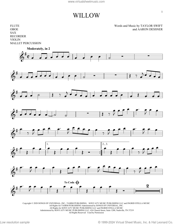 willow sheet music for Solo Instrument (treble clef high) by Taylor Swift and Aaron Dessner, intermediate skill level