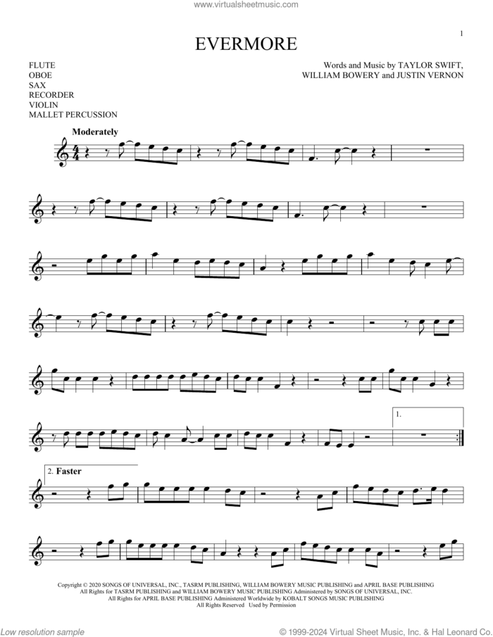 evermore (feat. Bon Iver) sheet music for Solo Instrument (treble clef high) by Taylor Swift, Justin Vernon and William Bowery, intermediate skill level