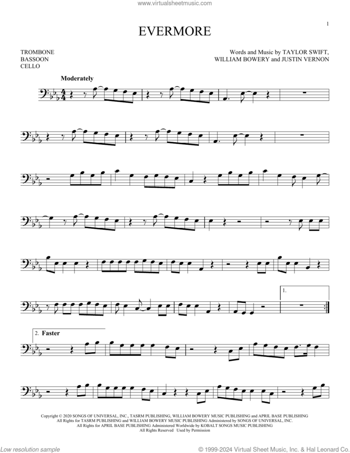 evermore (feat. Bon Iver) sheet music for Solo Instrument (bass clef) by Taylor Swift, Justin Vernon and William Bowery, intermediate skill level