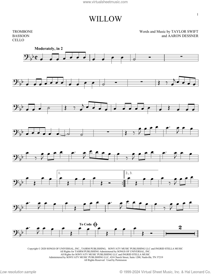 willow sheet music for Solo Instrument (bass clef) by Taylor Swift and Aaron Dessner, intermediate skill level