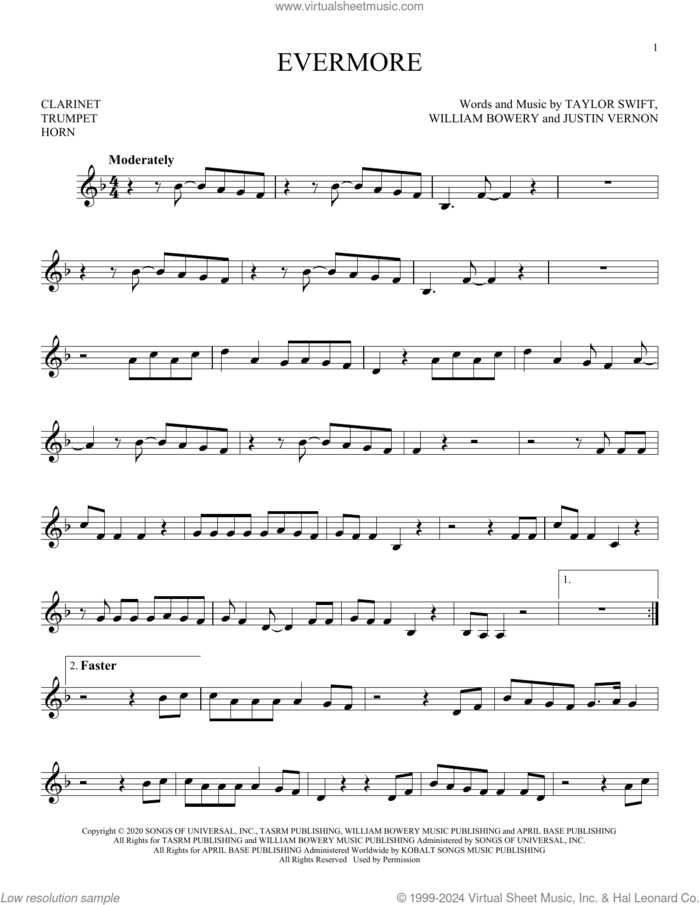 evermore (feat. Bon Iver) sheet music for Solo Instrument (treble clef low) by Taylor Swift, Justin Vernon and William Bowery, intermediate skill level