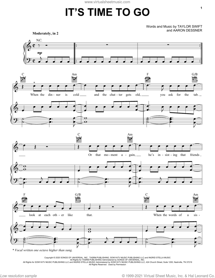 it's time to go sheet music for voice, piano or guitar by Taylor Swift and Aaron Dessner, intermediate skill level