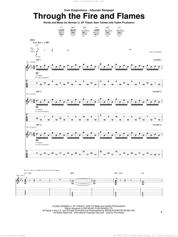 Through The Fire And Flames sheet music for guitar (tablature) by Dragonforce, Herman Li, Sam Totman, Vadim Pruzhanov and ZP Theart, intermediate skill level