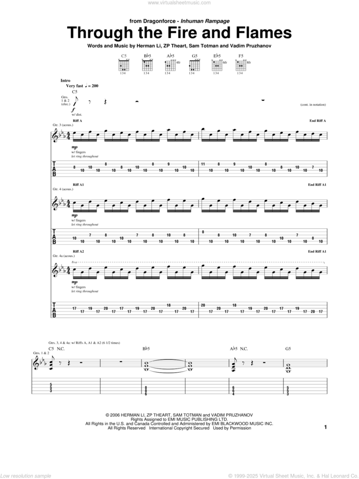 designer Gurgle tøj Through The Fire And Flames sheet music for guitar (tablature)