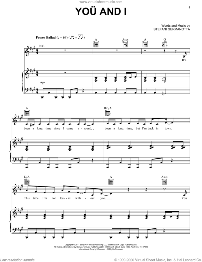 You And I sheet music for voice and piano by Lady Gaga, intermediate skill level