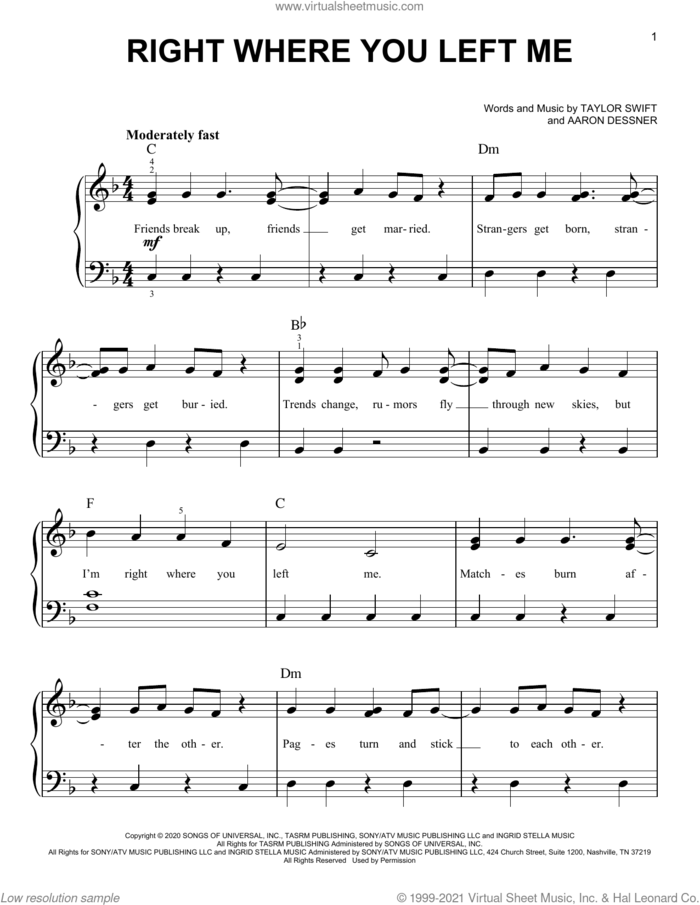 right where you left me sheet music for piano solo by Taylor Swift and Aaron Dessner, easy skill level