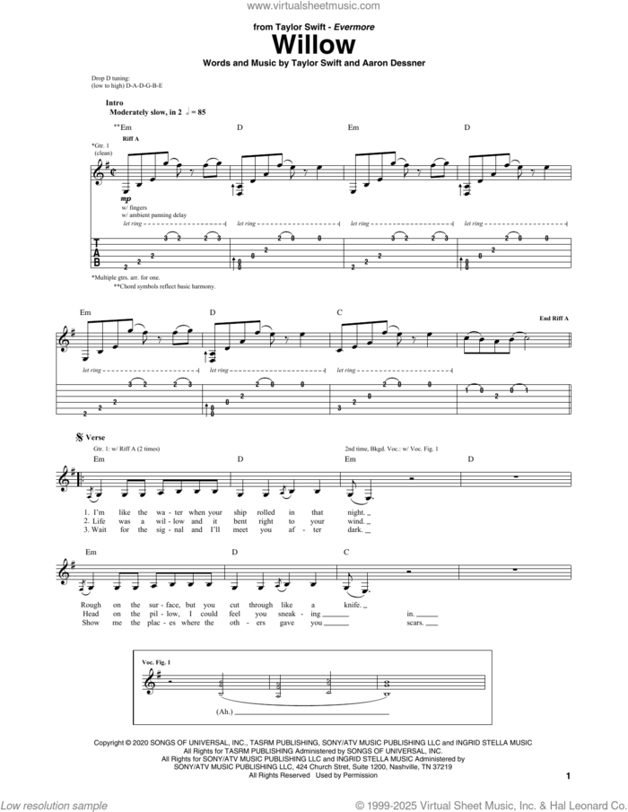 willow sheet music for guitar (tablature) by Taylor Swift and Aaron Dessner, intermediate skill level