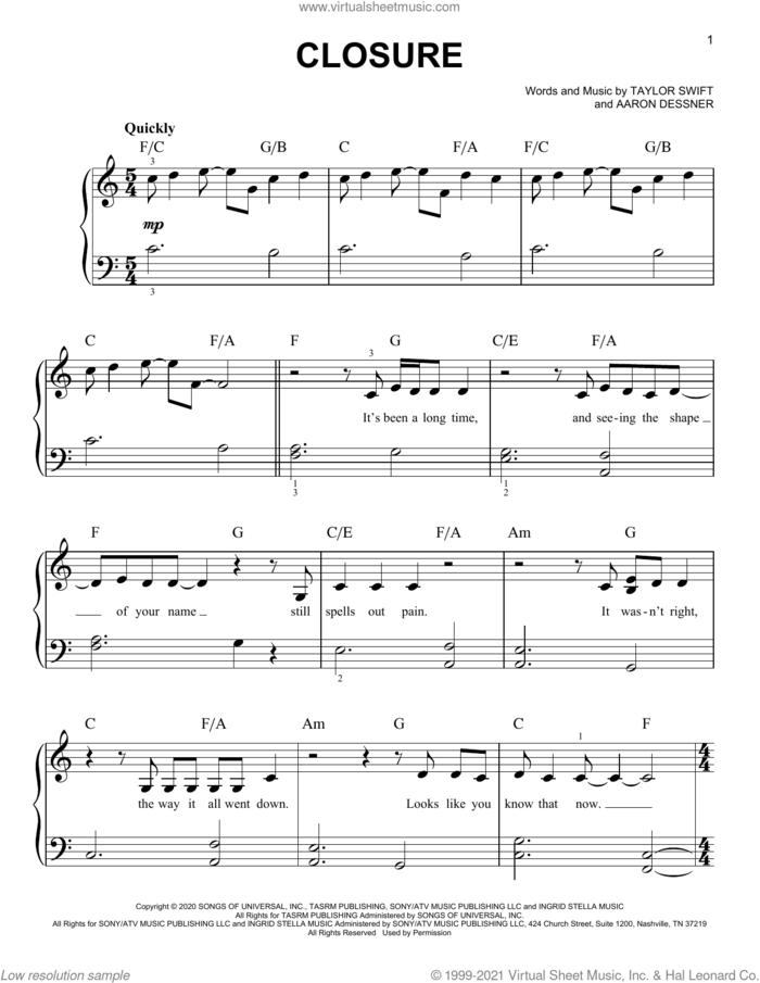 closure sheet music for piano solo by Taylor Swift and Aaron Dessner, easy skill level
