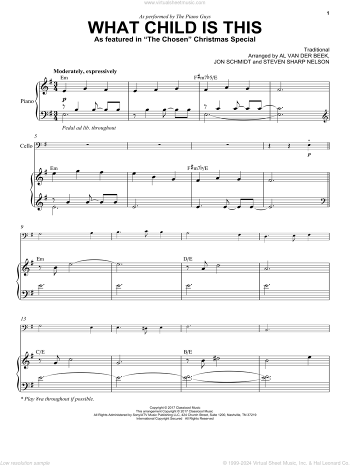 What Child Is This (as featured in 'The Chosen' Christmas Special) sheet music for cello and piano by The Piano Guys, Al van der Beek, Jon Schmidt, Steven Sharp Nelson and Miscellaneous, intermediate skill level