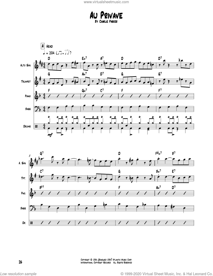 Au Privave sheet music for chamber ensemble (Transcribed Score) by Charlie Parker, intermediate skill level