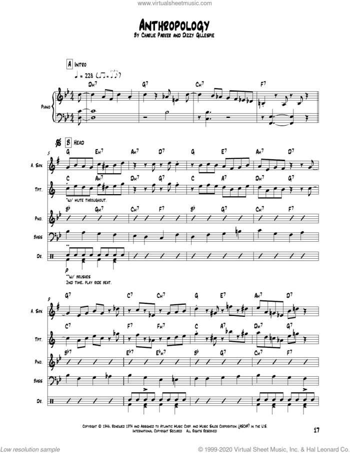 Anthropology sheet music for chamber ensemble (Transcribed Score) by Charlie Parker and Dizzy Gillespie, intermediate skill level