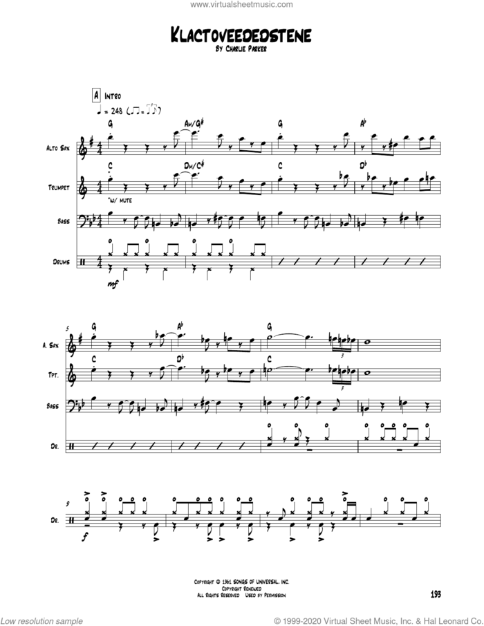 Klactoveededstene sheet music for chamber ensemble (Transcribed Score) by Charlie Parker, intermediate skill level
