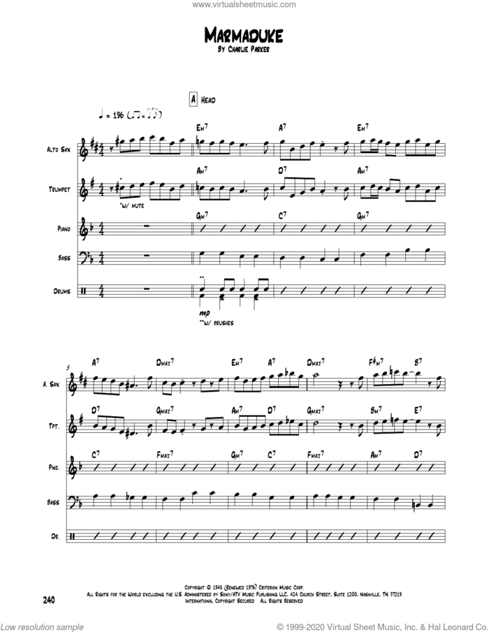 Marmaduke sheet music for chamber ensemble (Transcribed Score) by Charlie Parker, intermediate skill level
