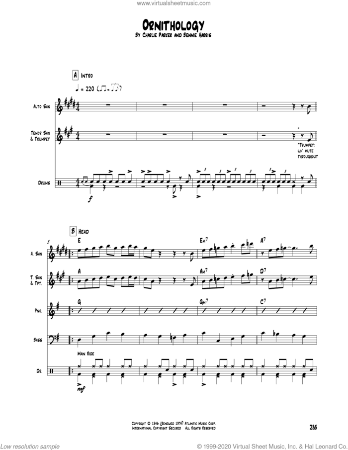 Ornithology sheet music for chamber ensemble (Transcribed Score) by Charlie Parker and Bennie Harris, intermediate skill level