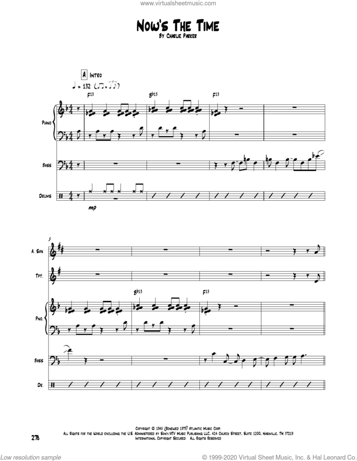 Now's The Time sheet music for chamber ensemble (Transcribed Score) by Charlie Parker, intermediate skill level