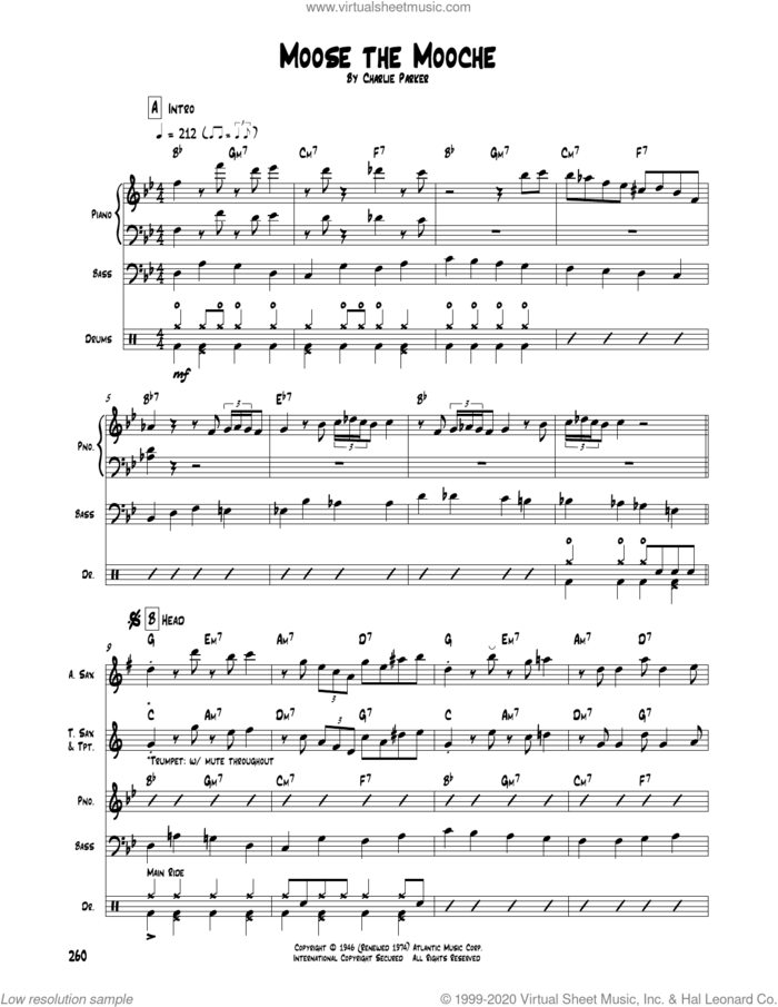 Moose The Mooche sheet music for chamber ensemble (Transcribed Score) by Charlie Parker, intermediate skill level
