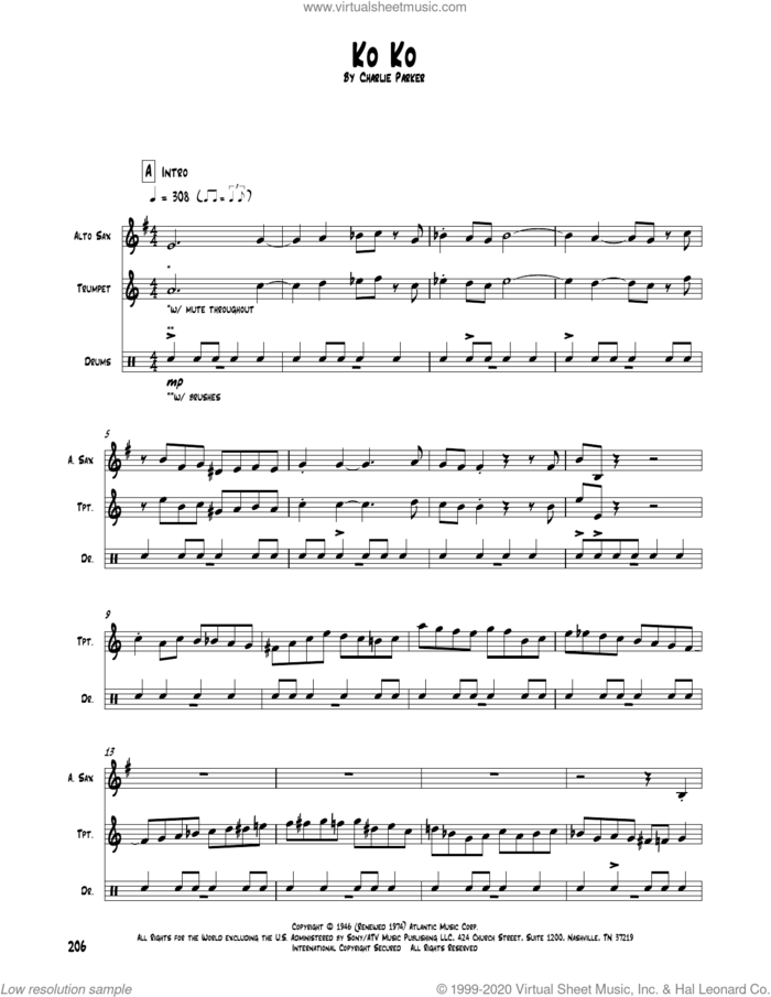 Ko Ko sheet music for chamber ensemble (Transcribed Score) by Charlie Parker, intermediate skill level