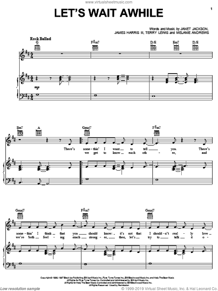 Let's Wait Awhile sheet music for voice, piano or guitar by Janet Jackson, James Harris, Melanie Andrews and Terry Lewis, intermediate skill level