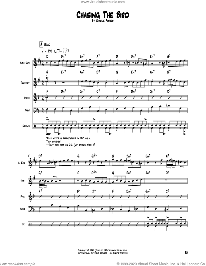 Chasing The Bird sheet music for chamber ensemble (Transcribed Score) by Charlie Parker, intermediate skill level