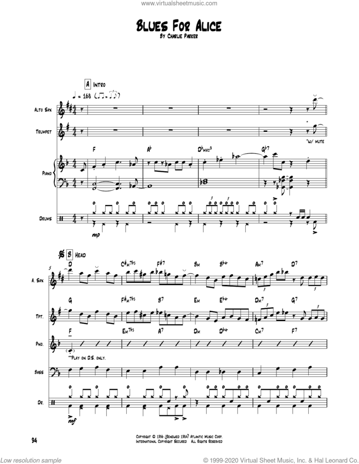 Blues For Alice sheet music for chamber ensemble (Transcribed Score) by Charlie Parker and John Coltrane, intermediate skill level