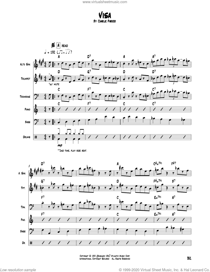 Visa sheet music for chamber ensemble (Transcribed Score) by Charlie Parker, intermediate skill level