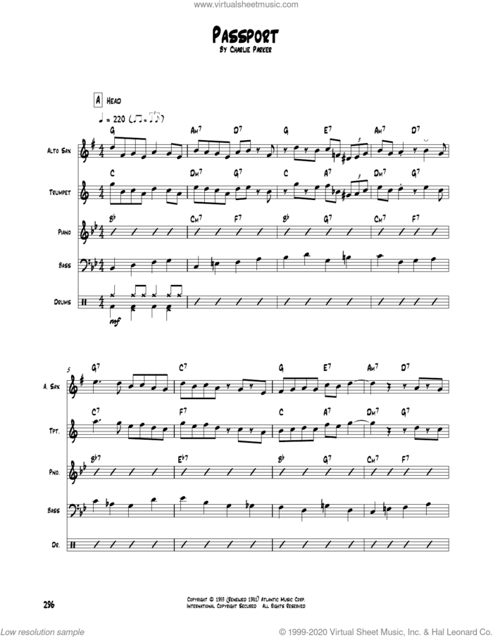 Passport sheet music for chamber ensemble (Transcribed Score) by Charlie Parker, intermediate skill level