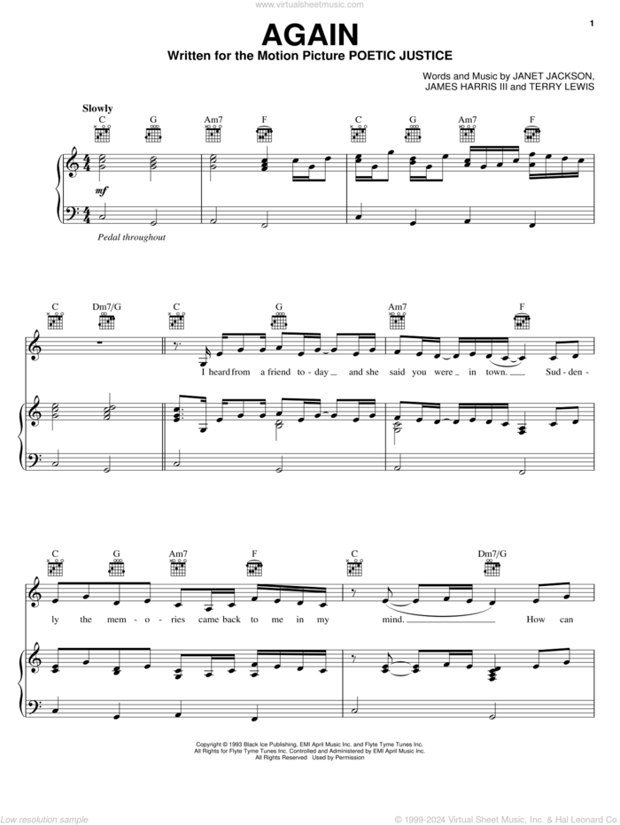 Again sheet music for voice, piano or guitar by Janet Jackson, James Harris and Terry Lewis, intermediate skill level