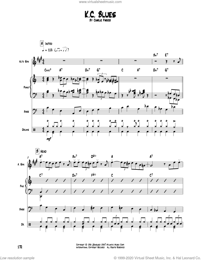 K.C. Blues sheet music for chamber ensemble (Transcribed Score) by Charlie Parker, intermediate skill level