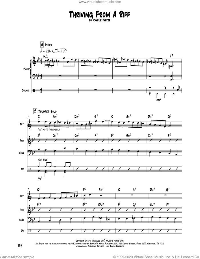 Thriving From A Riff sheet music for chamber ensemble (Transcribed Score) by Charlie Parker, intermediate skill level