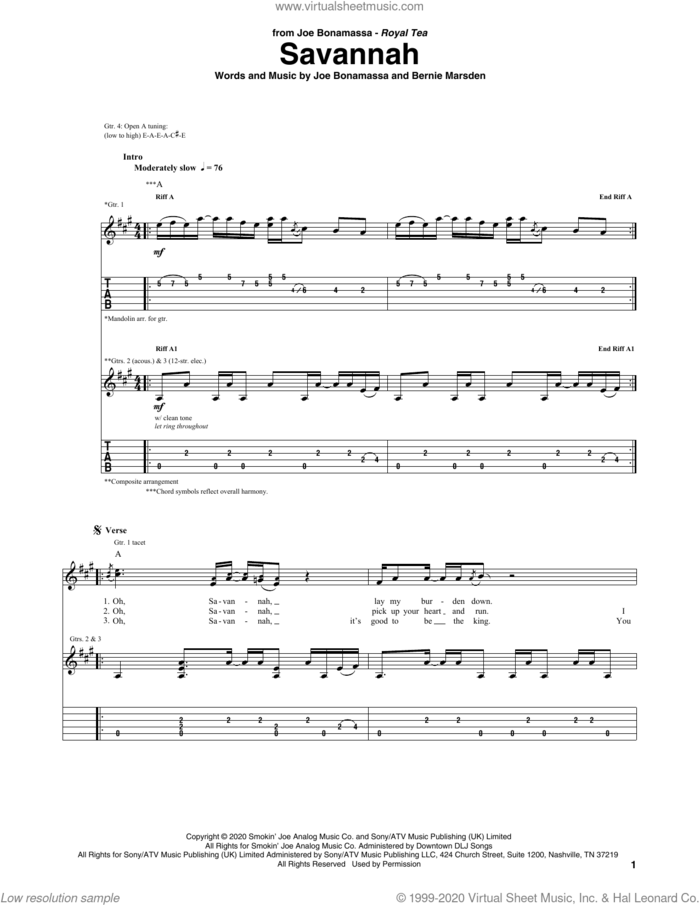 Savannah sheet music for guitar (tablature) by Joe Bonamassa and Bernie Marsden, intermediate skill level