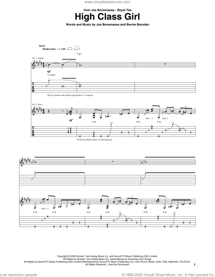 High Class Girl sheet music for guitar (tablature) by Joe Bonamassa and Bernie Marsden, intermediate skill level