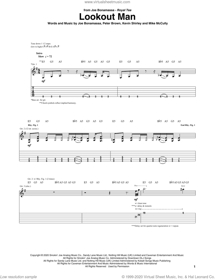 Lookout Man sheet music for guitar (tablature) by Joe Bonamassa, Kevin Shirley, Mike McCully and Pete Brown, intermediate skill level